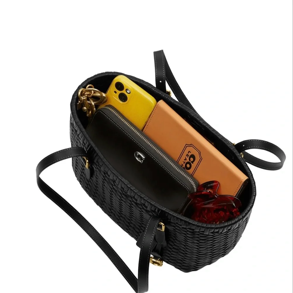 Coach Black Woven Leather Swing Tote - Picture 10 of 13